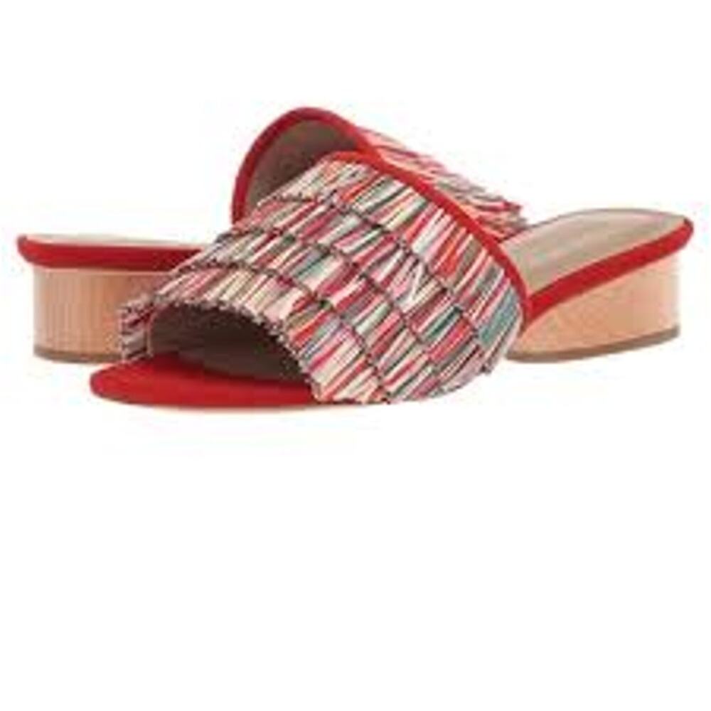 Donald Pliner Reise Slide Sandals Women's US 8 M Hot Red Raffia Fringe Leather